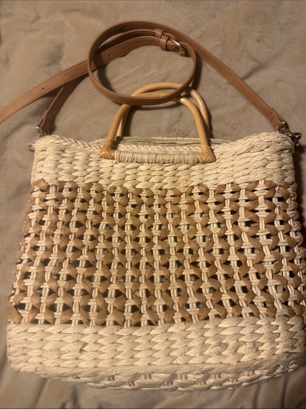 Handwoven Cream and Tan Straw Tote with Removable Tan Strap